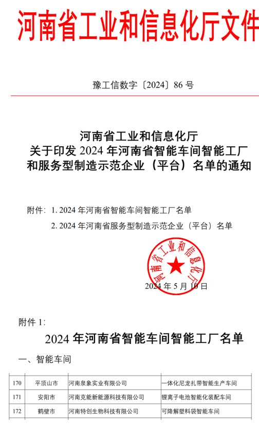 克能鋰電裝配車間被認(rèn)定為2024年河南省智能車間（2024年5月10日）